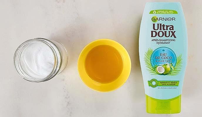 Bicarbonate, huile d’olive et après-shampoing Bicarbonate, huile d’olive et après-shampoing