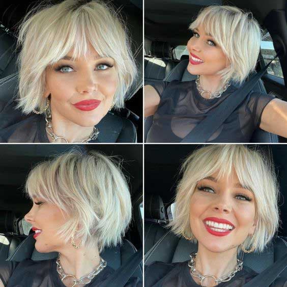 Coupe bixie blonde avec frange Coupe bixie blonde avec frange