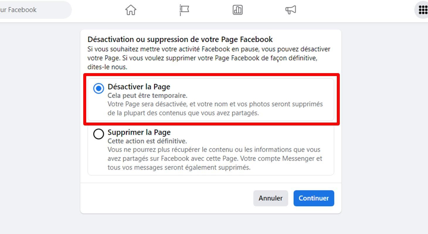 Désactiver une page facebook Désactiver une page facebook